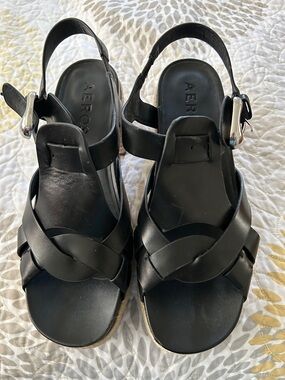 AEROSOLES Black Crisscross Leather Slingback Sandals